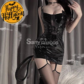 【In Stock】Sexy Cosplay Hot Girl Lingerie Mesh Splicing Suspenders Pu Bright Leather Ultra-Short